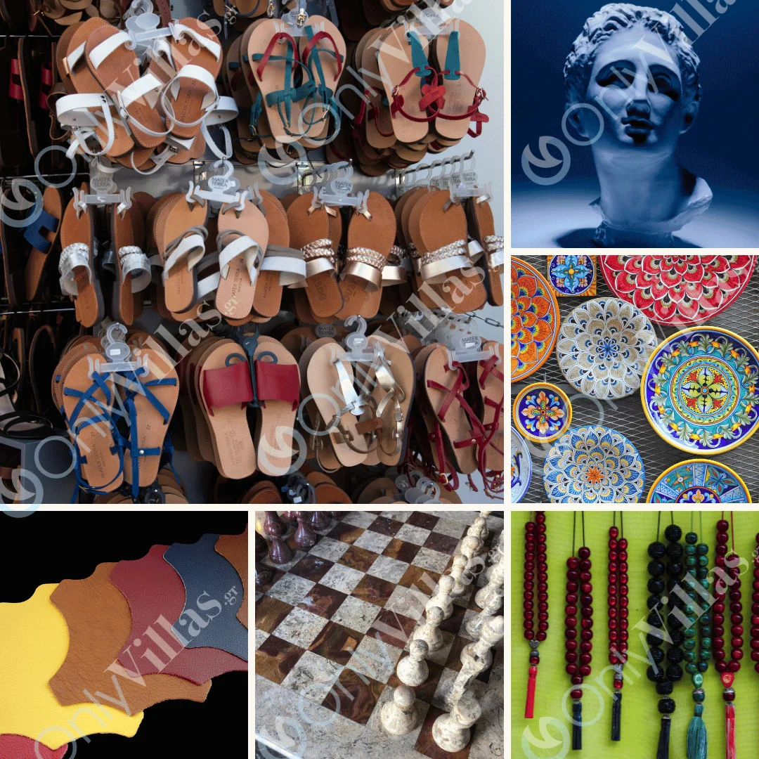 Greek products, Leather sandals,komboloi,sculpture,marblechess,ceramics